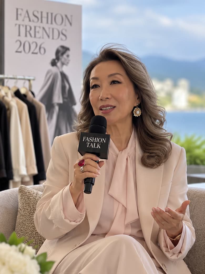 Тамара Ни в светлом костюме говорит в микрофон на фоне постера «Fashion Trends 2026»